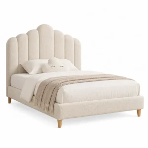 Cama tapizada de bouclé beige con cabecero ondulado estructura de madera con somier de láminas 160x200 cm 215 cm largo 170 cm ancho 120 cm alto