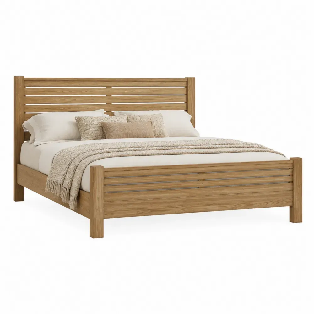 Cama de madera con cabecero y piecero de lamas somier de listones madera maciza y tablero acabado roble natural 160x200 cm 210 cm largo 170 cm ancho 110 cm alto