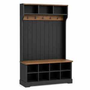 Perchero de entrada con banco zapatero de MDF y acero con ganchos y cubos de almacenamiento negro madera natural 180 cm x 100 cm x 40 cm