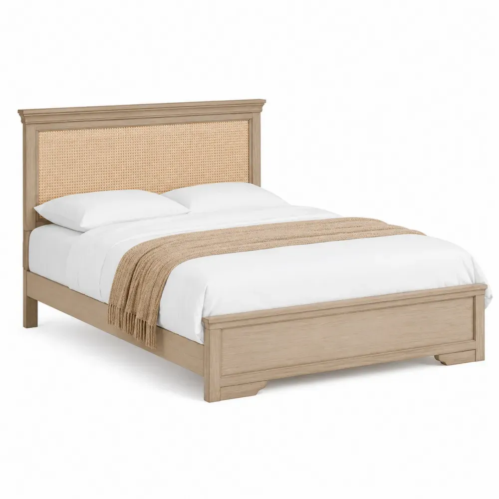 Cama de madera con cabecero de ratán natural estructura de madera maciza con somier de listones Color madera natural 160x200 cm 210 cm largo 170 cm ancho 110 cm alto