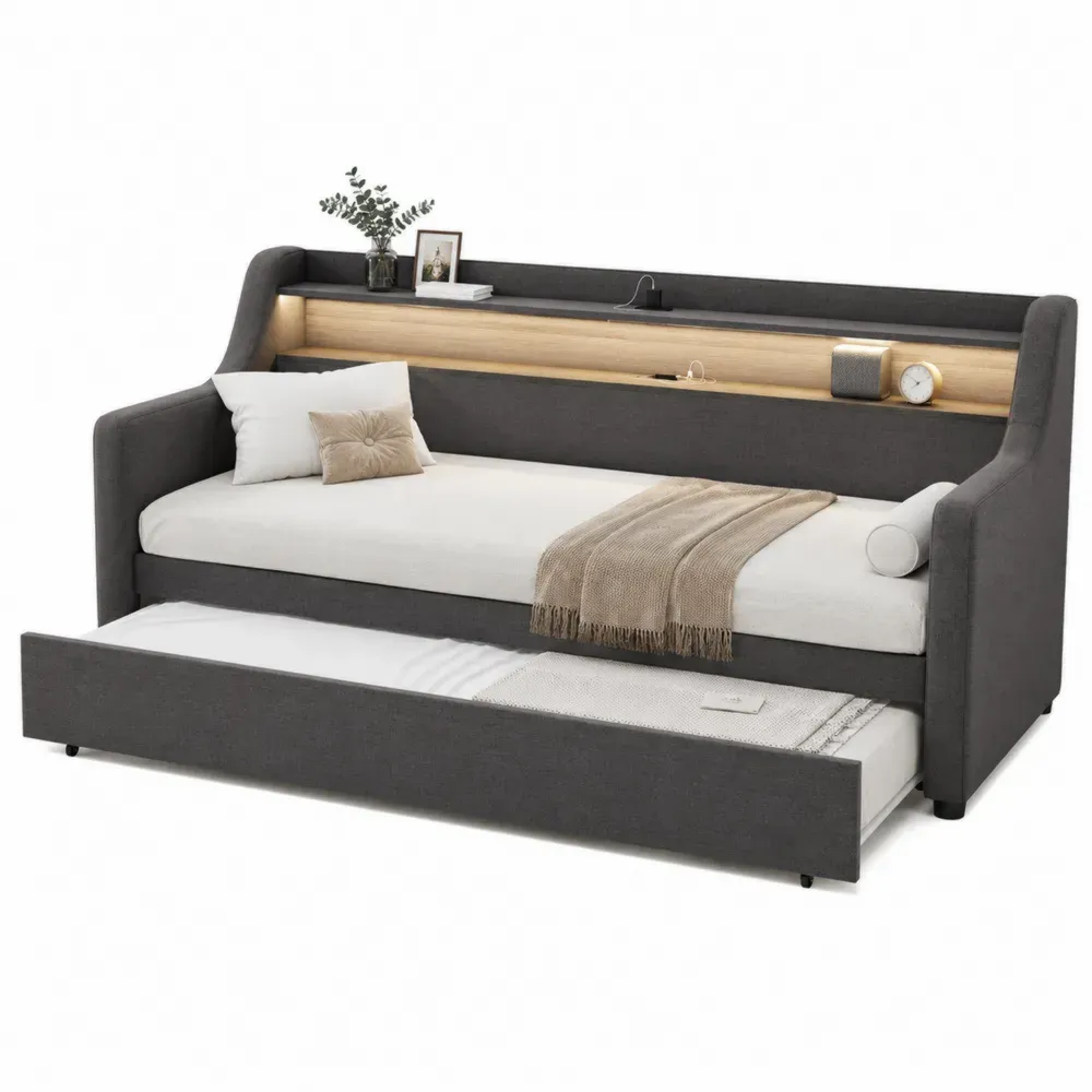 Cama tapizada con cama nido extraíble y cabecero con estante estructura de madera de ingeniería tapizado en tejido gris 160x200 cm aproximadamente 200 cm largo 160 cm ancho 90 cm alto