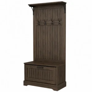 Perchero de entrada con banco de almacenamiento MDF madera oscura y ganchos metálicos 90 cm x 40 cm x 180 cm Color madera oscura negro