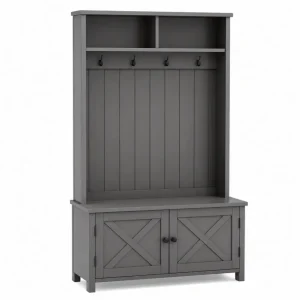 Mueble de entrada rectangular con perchero banco armario inferior MDF gris y ganchos metálicos 100 cm x 40 cm x 180 cm