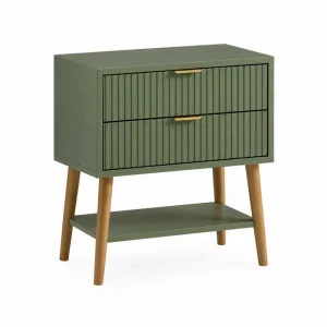Mesita de noche MDF dos cajones estante inferior verde oliva patas madera maciza hevea 50 cm x 40 cm x 55 cm