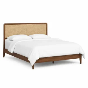 Cama de madera con cabecero de ratán natural estructura de madera maciza somier de láminas Color madera natural 160x200 cm aproximadamente 210 cm largo 170 cm ancho 100 cm alto