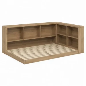 Cama individual rectangular con estantería integrada somier de listones tablero de partículas y madera natural 90 x 200 cm