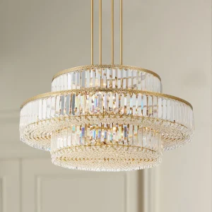 Chandelier / Lámpara Colgante  De Tres Niveles Color Oro Suave & Cristal