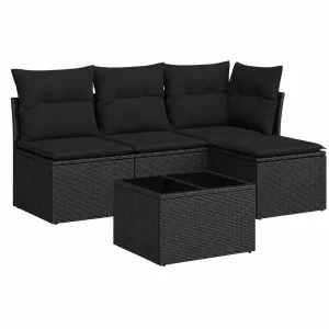 Conjunto de Sofás de Jardín 5 Piezas con Cojines, Mesa y Asientos Modulares de Ratán Negro