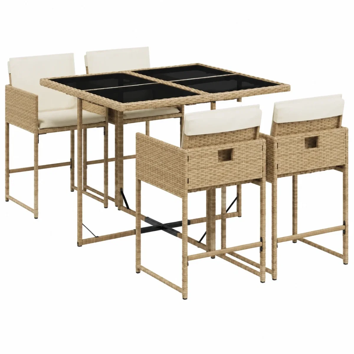 Conjunto de Comedor Exterior 5 Piezas con Cojines, Mesa y Sillas, Muebles de Jardín de Ratán Sintético Beige