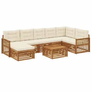 Conjunto de Sofás de Jardín de Acacia con Cojines, 9 Piezas, Natural y Crema, Muebles Modulares para Exteriores