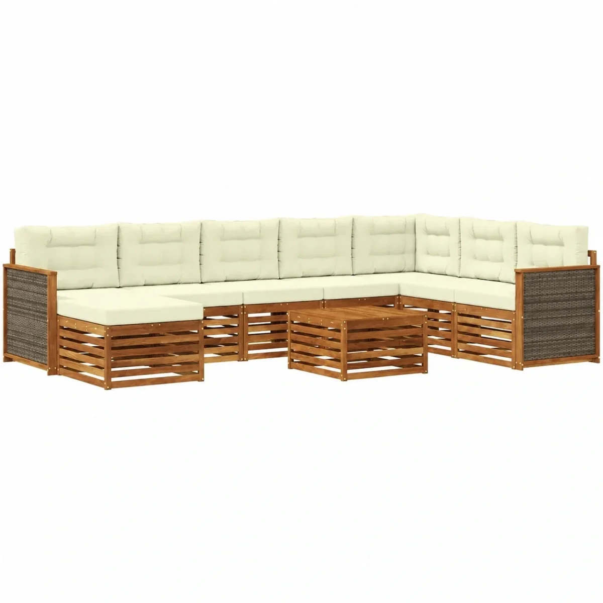 Conjunto de Sofás de Jardín 9 piezas, Acacia Natural y Cojines Crema, Mobiliario Exterior Modular