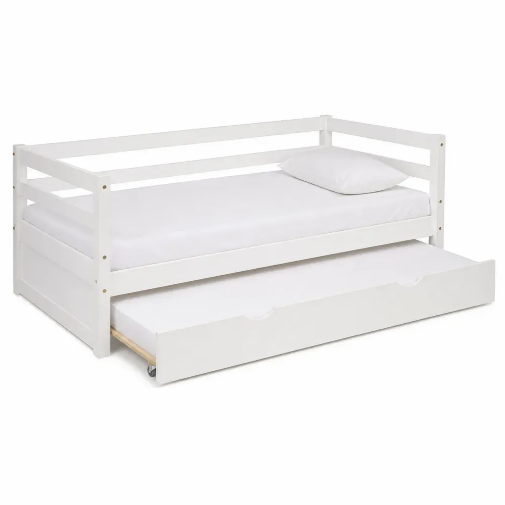 Cama nido infantil de MDF blanco con barandillas y cama inferior extraíble 90x200 cm 205 cm largo 98 cm ancho 85 cm alto