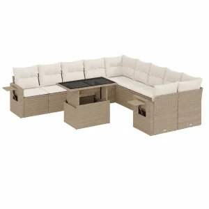 Conjunto de Muebles de Jardín de Ratán y Acero con Mesa Ajustable, 11 Piezas, Beige y Crema