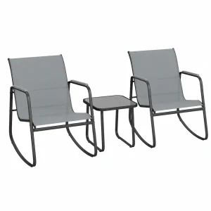 Set de Terraza 3 Piezas con Sillas Mecedoras y Mesa de Vidrio, Exterior Jardín