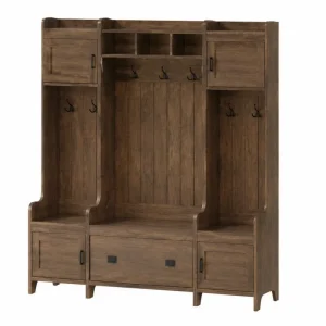 Mueble de entrada con perchero banco y armarios de almacenamiento MDF madera oscura 120 cm x 40 cm x 180 cm con ganchos metálicos