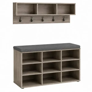 Conjunto de mueble de entrada con banco zapatero y perchero mural MDF roble grisáceo cojín gris y ganchos negros 100 cm x 40 cm x 180 cm