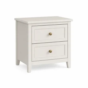 Mesita de noche MDF lacado blanco dos cajones patas madera maciza hevea tiradores metálicos dorados 50 cm x 40 cm x 55 cm