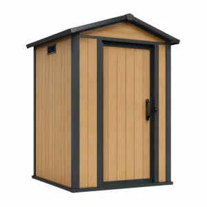 Caseta de almacenamiento exterior de madera ingeniería y acero galvanizado paneles madera natural 180 cm x 120 cm x 200 cm puerta reforzada negra