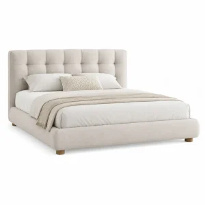 Cama tapizada rectangular con cabecero capitoné tejido de poliéster beige MDF y madera 160 x 200 cm