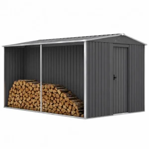 Caseta de jardín de acero galvanizado gris oscuro con leñero integrado puerta lateral y techo inclinado 300 x 240 x 210 cm