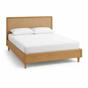 Cama doble rectangular con cabecero de ratán estructura de madera de caucho natural 160 x 200 cm