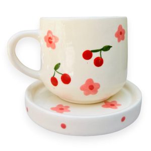 Taza de Cerámica con Plato – 12 oz – Diseños de Cerezas y Flores Cute – Para Café, Chocolate y Té