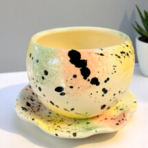 Maceta Decorativa Mediana de Cerámica Multicolor con Plato – Diseño Moderno y Sofisticado – Perfecta para Suculentas y Plantas – 11 x 10 cm – Para transformar tus espacios